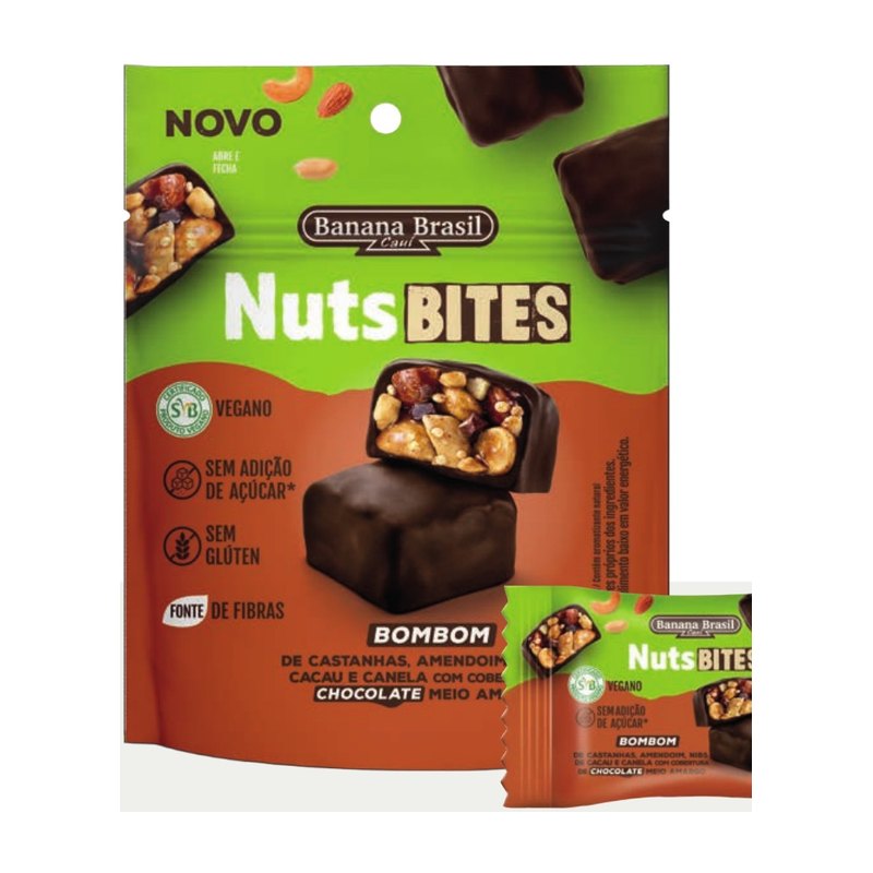 NutsBITES Vegano - Bombom de Castanhas, Amendoim, Nibs de Cacau e Canela com Cobertura de Chocolate Meio Amargo — Banana Brasil