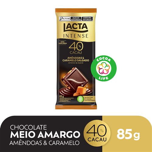 Chocolate Lacta Intense Meio Amargo 40% Cacau Amêndoas e Caramelo Salgado