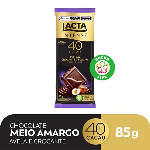 Chocolate Lacta Intense Meio Amargo 40% Cacau Avelã e Crocante de Cacau
