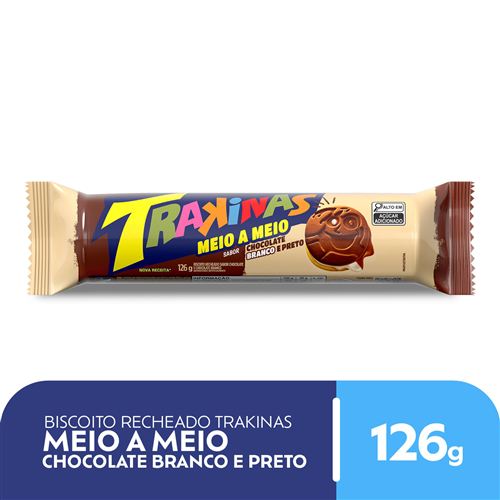 Biscoito Recheado Trakinas Meio a Meio sabor Chocolate ao Leite e Branco