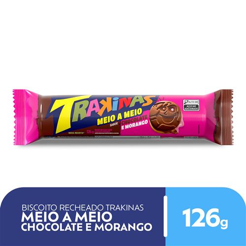 Biscoito Recheado Trakinas Meio a Meio sabor Chocolate e Morango